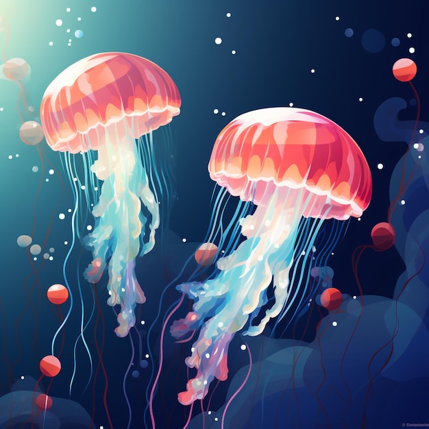 there are two jellyfishs floating in the water with bubbles generative ai