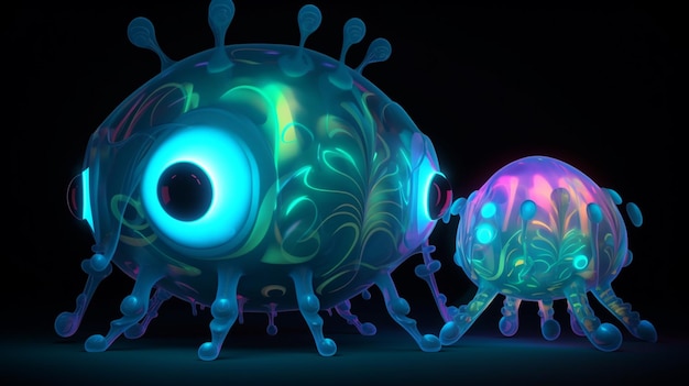 There are two jellys that are glowing in the dark generative ai