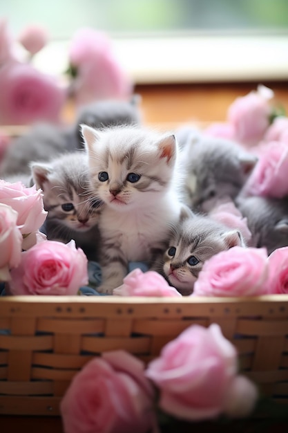 there are two kittens in a basket with pink roses generative ai