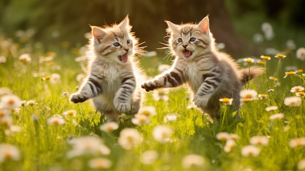 There are two kittens running in a field of flowers generative ai