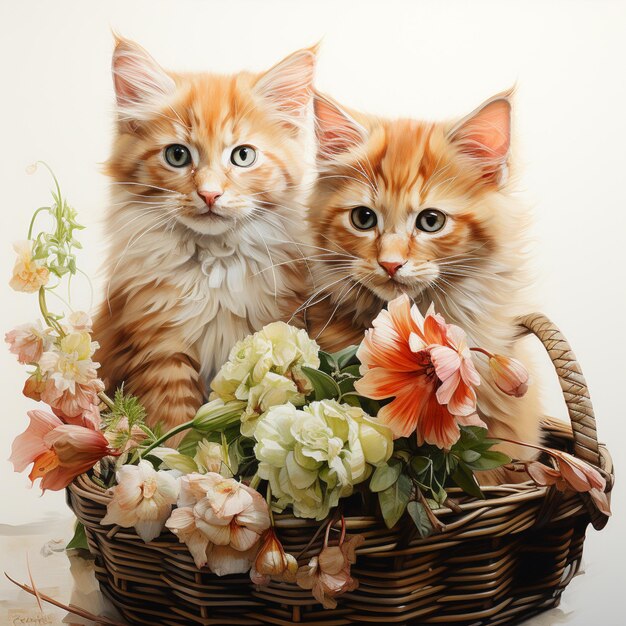 there are two kittens sitting in a basket with flowers generative ai