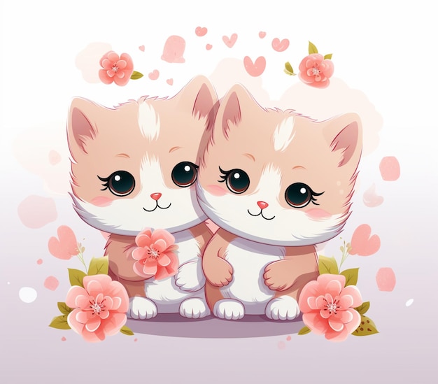 花を持った2匹の子猫が隣り合って座っている生成AI