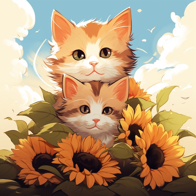 there are two kittens sitting on a flower bed with sunflowers generative ai