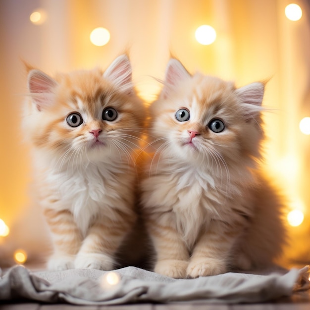 Фото Есть два котенка, сидящих на одеяле с огнями на заднем плане.