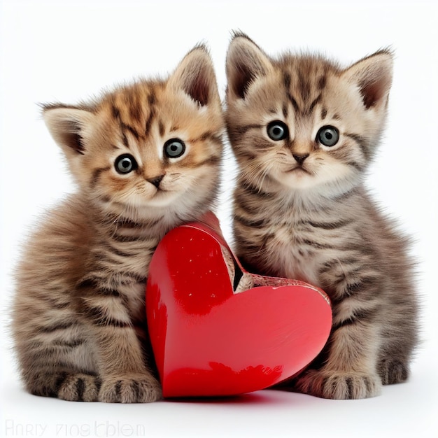 There are two kittens sitting next to a red heart generative ai