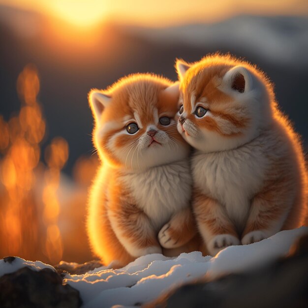 There are two kittens sitting on a rock in the snow generative ai