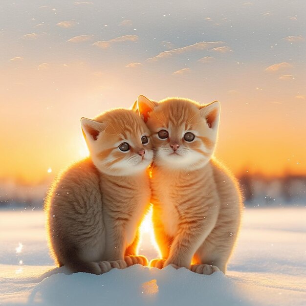 There are two kittens sitting on a snow covered ground generative ai