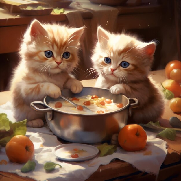 there are two kittens sitting on a table with a bowl of food generative ai