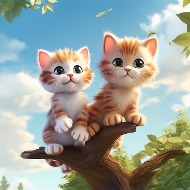 Есть два котенка, сидящие на ветке дерева в лесу.