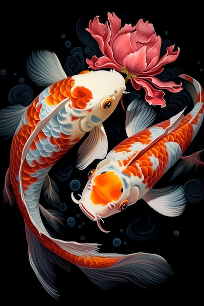 Photo there are two koi fish swimming in the water with a flower generative ai