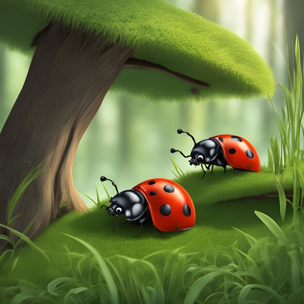 There are two ladybugs and a tree with grass in a forest
