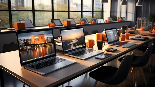 there are two laptops sitting on a table in a room Generative AI