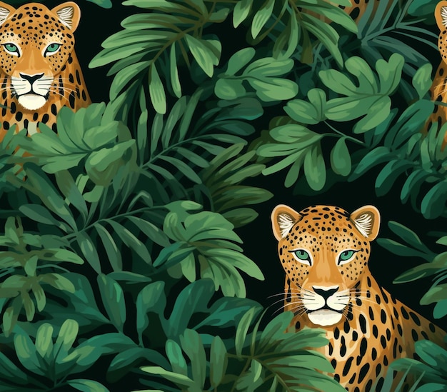 В джунглях есть два леопарда с зелеными листьями.