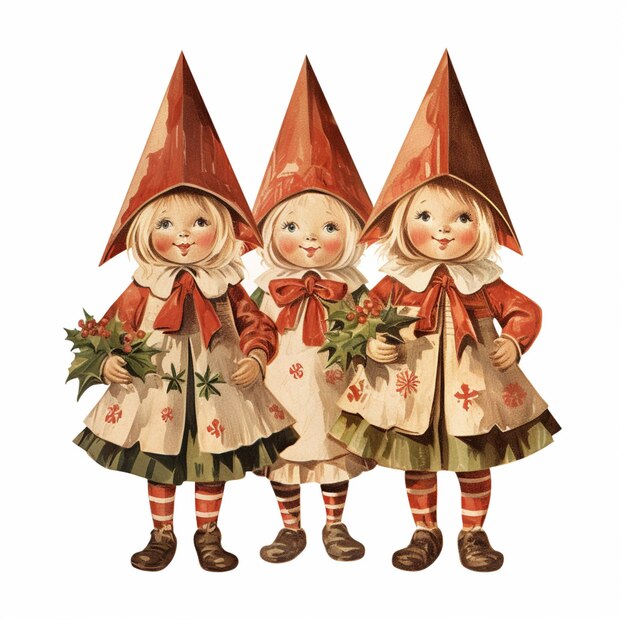 there are two little girls dressed in christmas costumes holding holly leaves generative ai