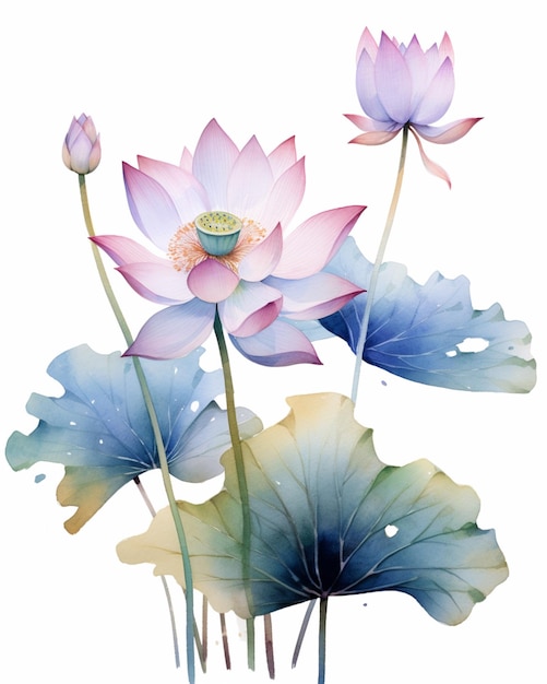 there are two lotus flowers and two leaves on a white background generative ai