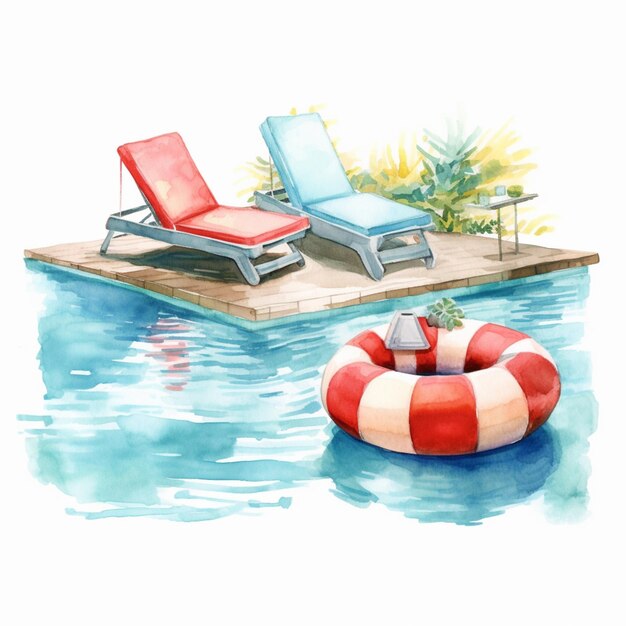 Photo there are two lounge chairs and a life preserver in the water generative ai