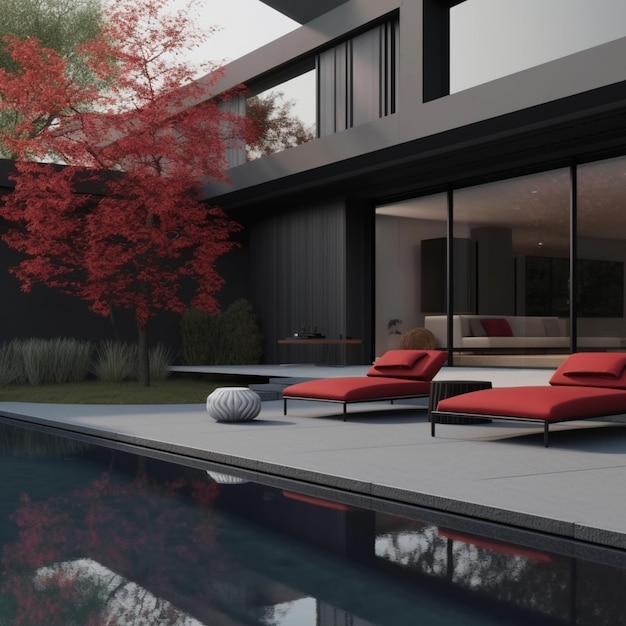 There are two lounge chairs sitting on the side of a pool generative ai