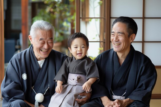 2人の男性と赤ちゃんがベンチに座っています