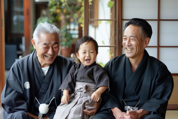 2人の男性と赤ちゃんがベンチに座っています