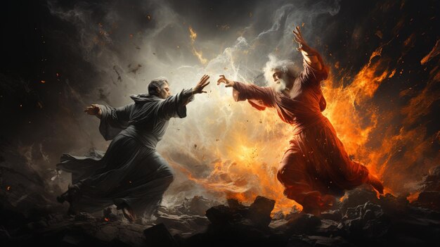 Photo there are two men fighting with each other in a fire generative ai