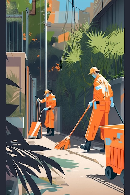 there are two men in orange uniforms sweeping the street generative ai