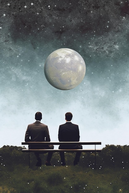 there are two men sitting on a bench looking at the moon generative ai