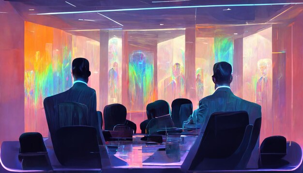 There are two men sitting at a table in a room generative ai