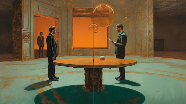 There are two men standing in a room with a table and a balloon generative ai