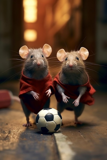 there are two mice that are standing next to a soccer ball generative ai