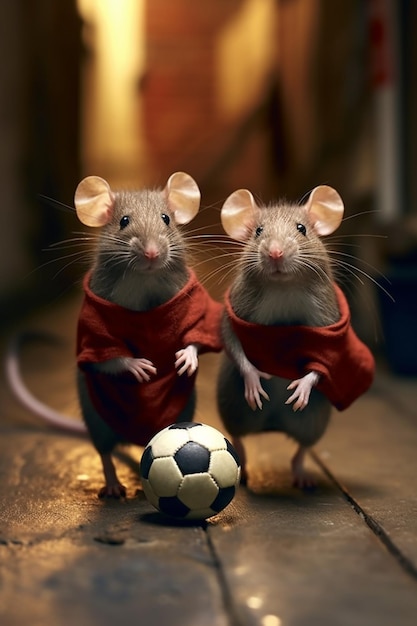 there are two mice that are standing next to a soccer ball generative ai