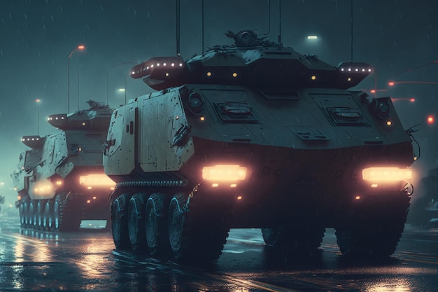 There are two military vehicles driving down the street in the rain generative ai