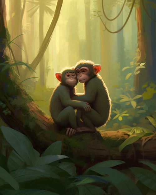 사진 정글 생성 ai에는 나무 줄기에 앉아 있는 두 마리의 원숭이가 있습니다.