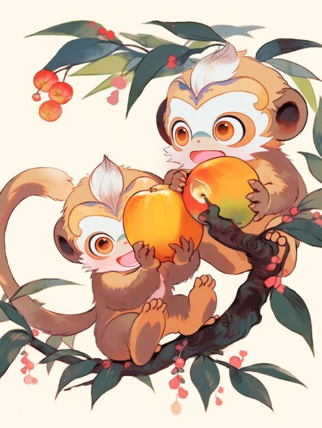 there are two monkeys that are eating some fruit on a tree generative ai