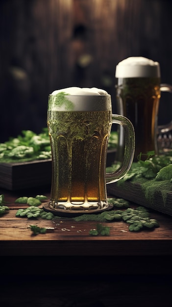 Есть две кружки пива, сидящие на столе с зелеными листьями.