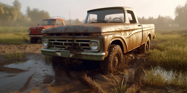 There are two old trucks that are parked in the mud generative ai