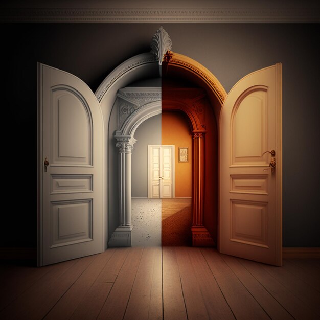 There are two open doors in a room with a light coming in generative ai