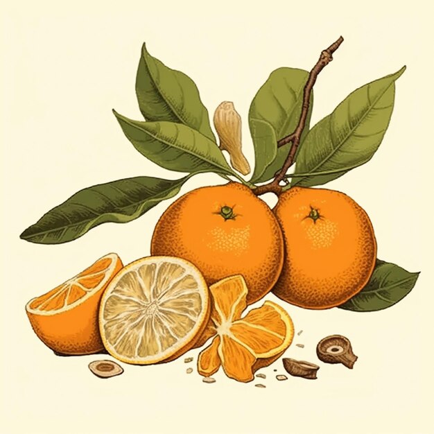 There are two oranges and a half of an orange with leaves generative ai