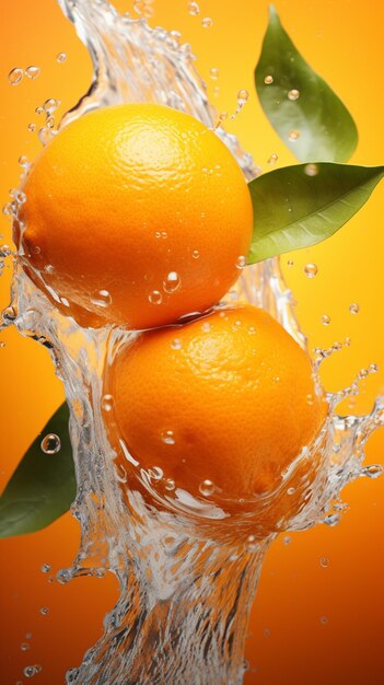 There are two oranges splashing into the water with leaves generative ai