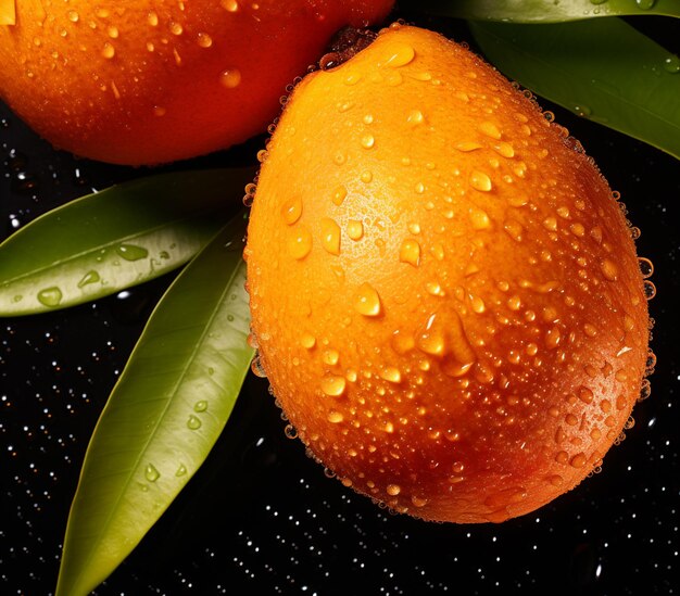 Photo there are two oranges with water droplets on them on a black surface generative ai