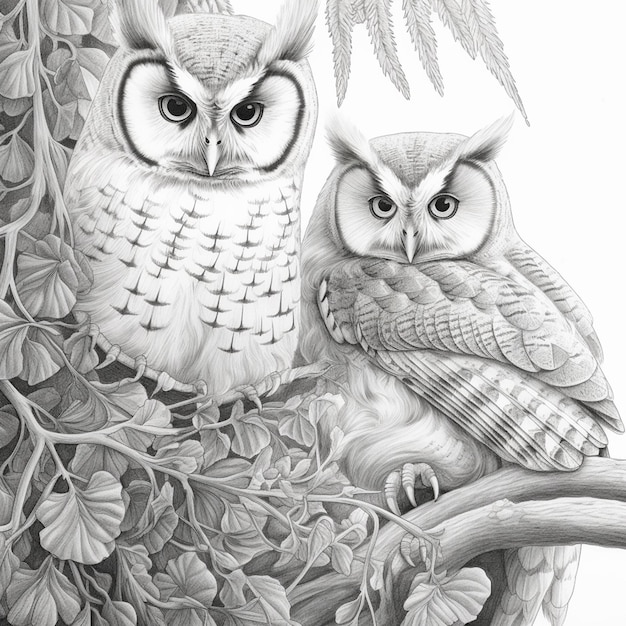 there are two owls sitting on a branch of a tree generative ai