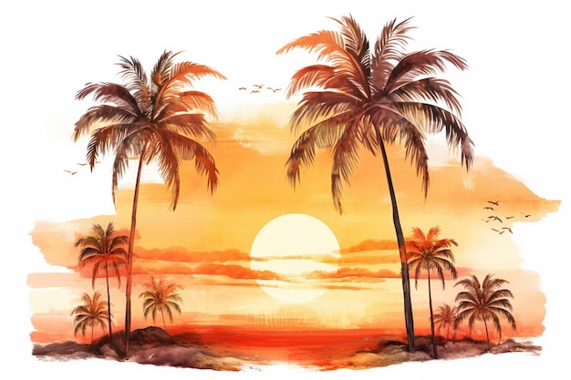 there are two palm trees on the beach at sunset generative ai