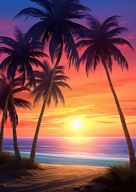 There are two palm trees on the beach at sunset generative ai