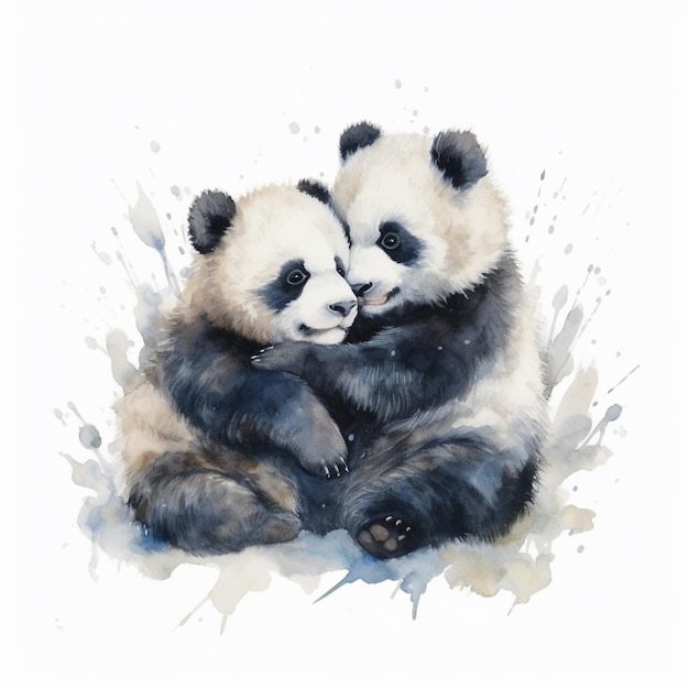 There are two panda bears sitting together on a white surface generative ai