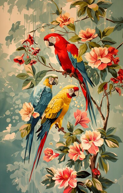 there are two parrots sitting on a branch of a tree generative ai