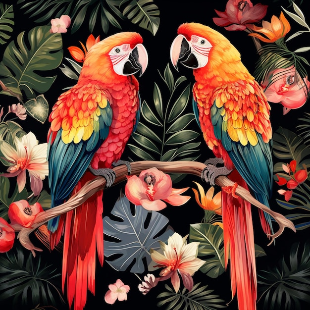 there are two parrots sitting on a branch with flowers generativ ai