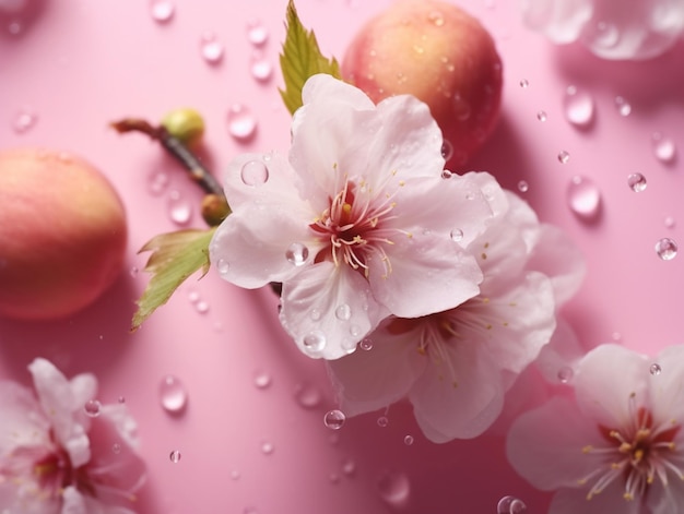 There are two peaches and a cherry blossom on a pink surface generative ai