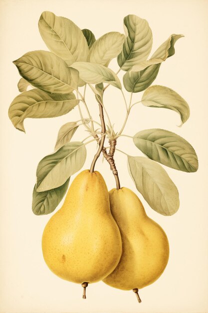 Photo there are two pears on a branch with leaves on it generative ai