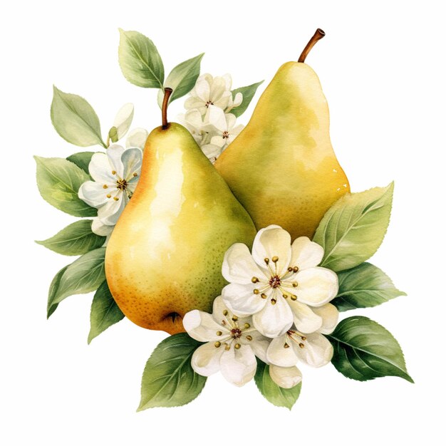 There are two pears and flowers on a white background generative ai