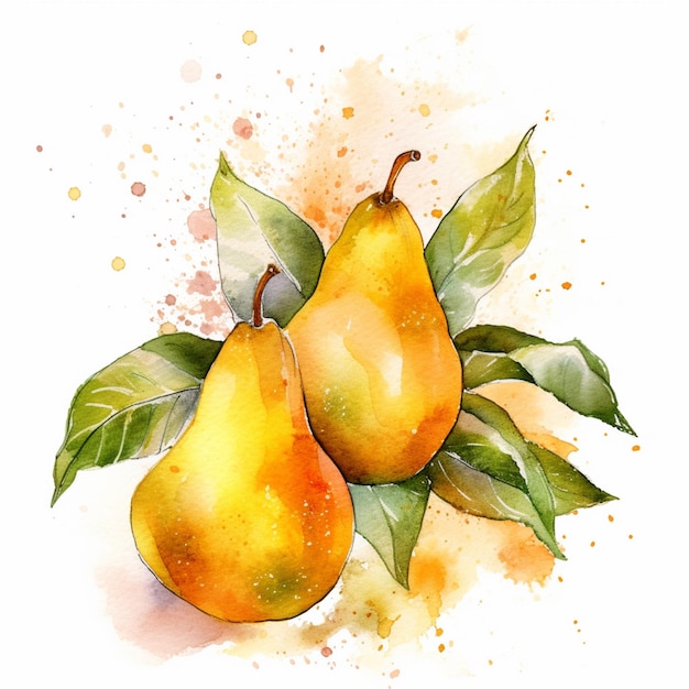 there are two pears with leaves on a white background generative ai