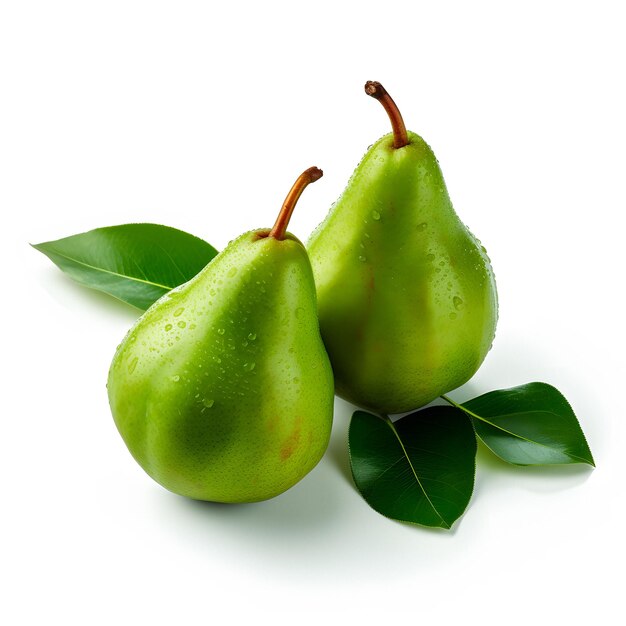 there are two pears with leaves on a white surface Generative AI